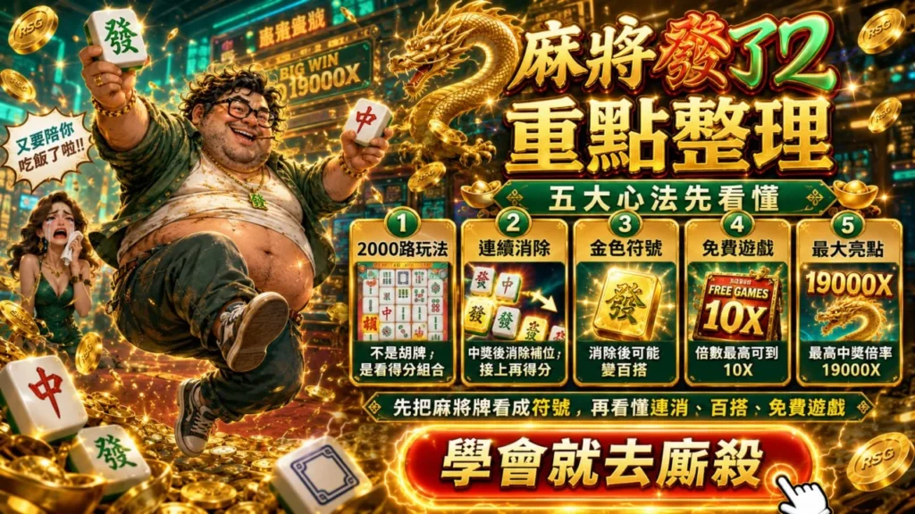 rsg麻將發了2重點整理圖，介紹2000路玩法、連續消除、金色百搭符號、免費遊戲與最高19000倍特色機制。