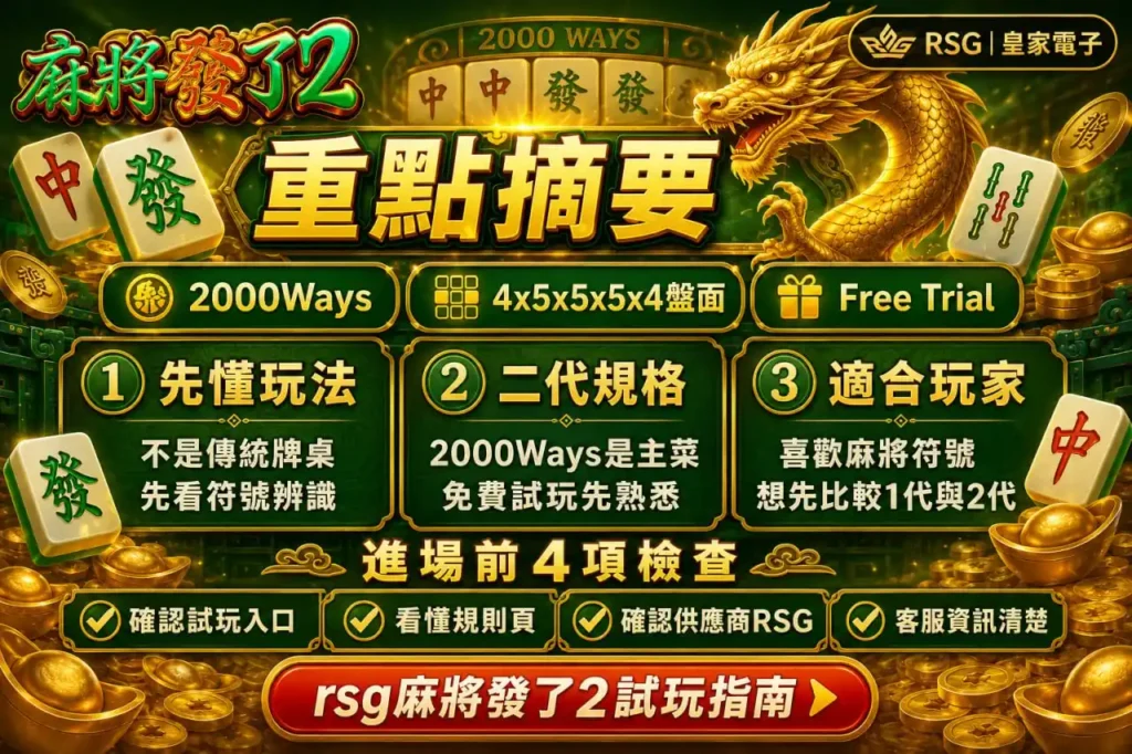 麻將發了2免費玩重點摘要圖，整理RSG麻將發了2的2000 Ways、4×5×5×5×4盤面與試玩檢查事項